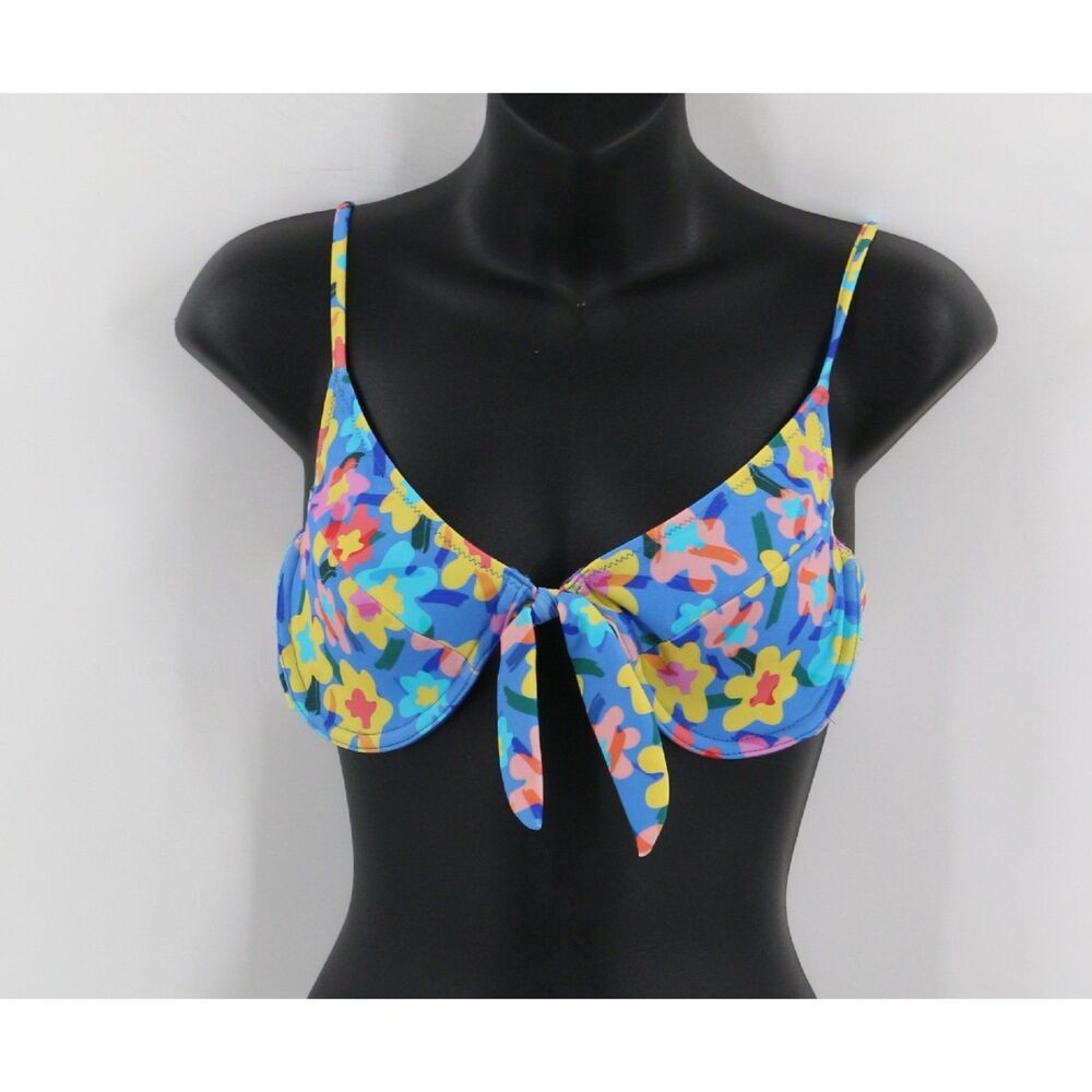 Blackbough Womens Bikini Swim Top Size Large Blue Floral Hippie Bow Underwired